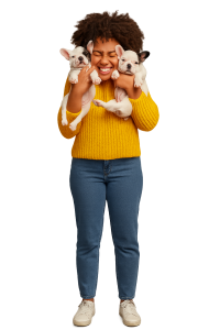 mulher com cão seguro pets